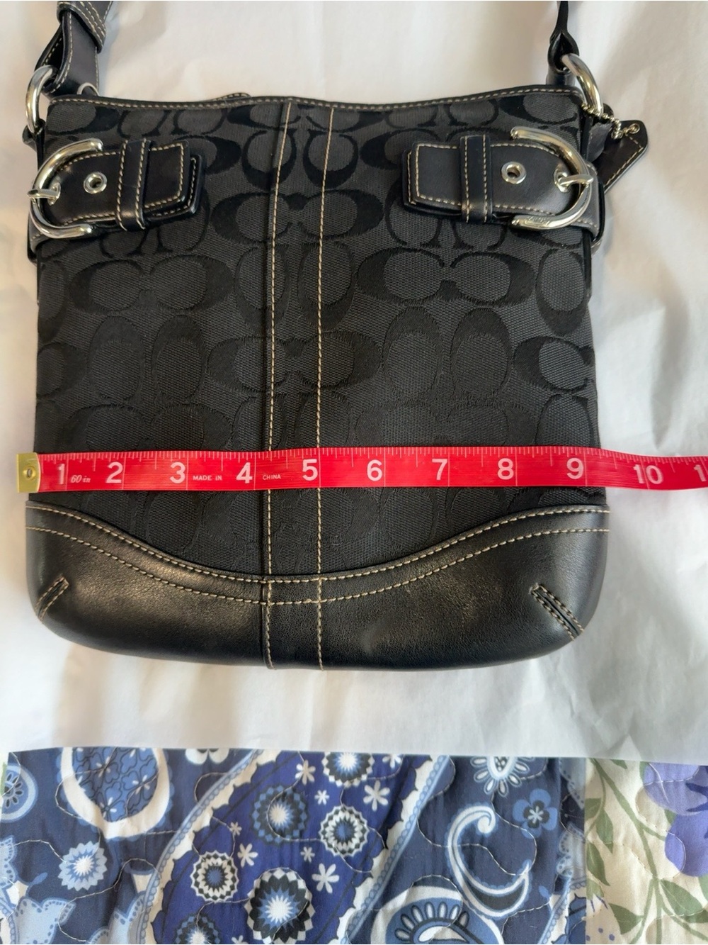Coach Signature Jacquard Black Hobo Shoulder Bag Leather Trim Buckle Purse - Picture 9 of 11